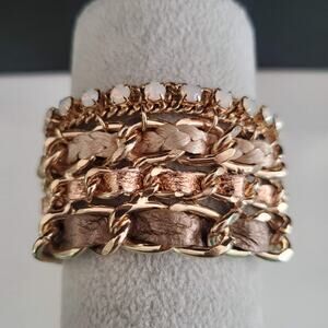 Wide Link‎ Bracelet with Leather and Faux Opals Gold Tone Magnetic Clasp
